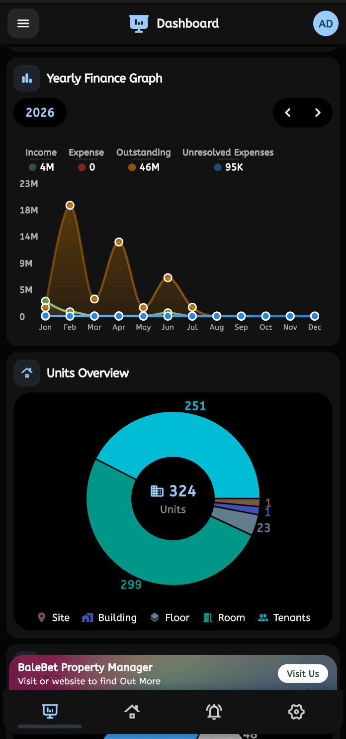 BaleBet Android ዳሽቦርድ — dark theme